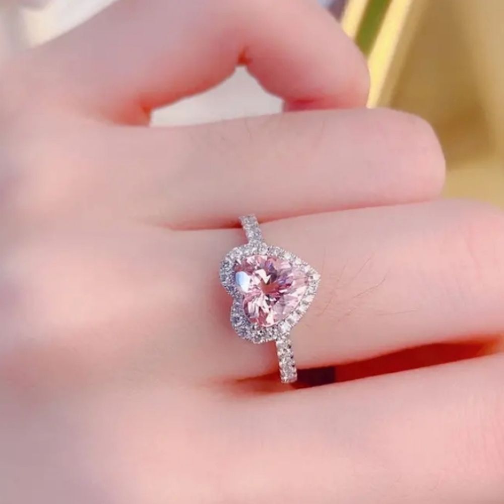 Ladies Pink Lab Created Diamond Trendy heart promise ring sz 7